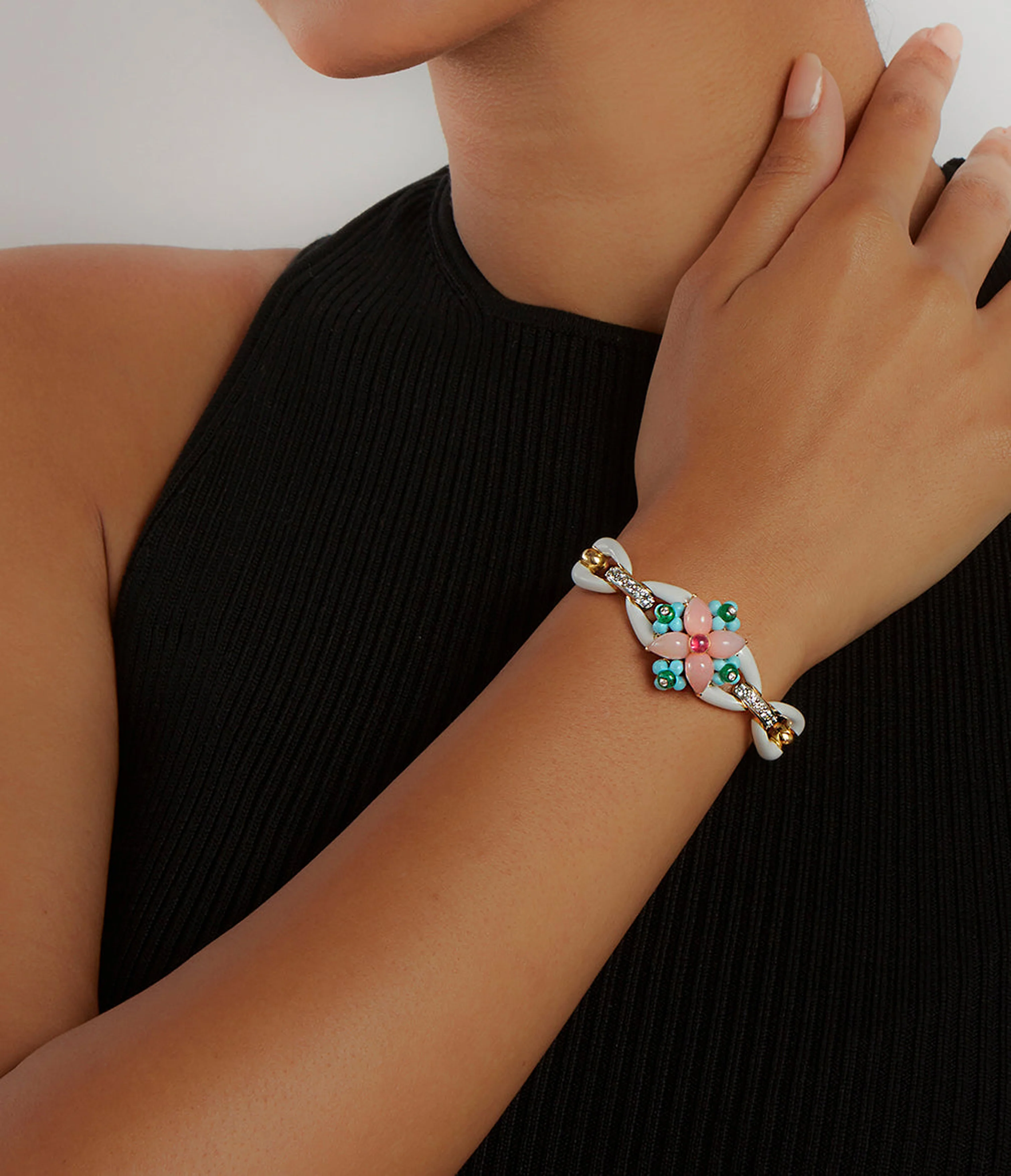 Asheville Bracelet, White Enamel, Pink Opal, Diamonds - Image 4