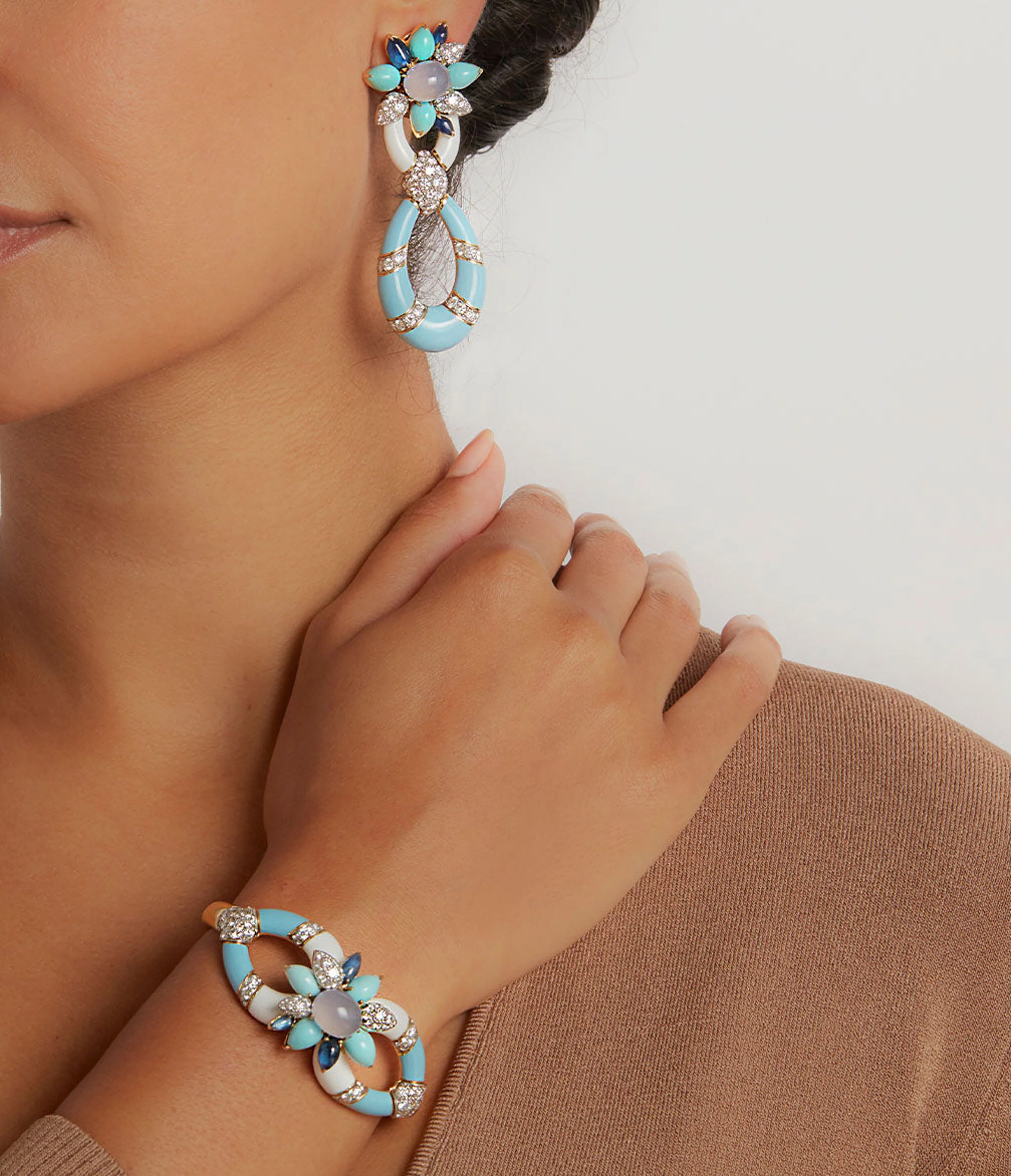 Asheville Earrings, Light Blue Enamel, Turquoise, Diamonds - Image 5