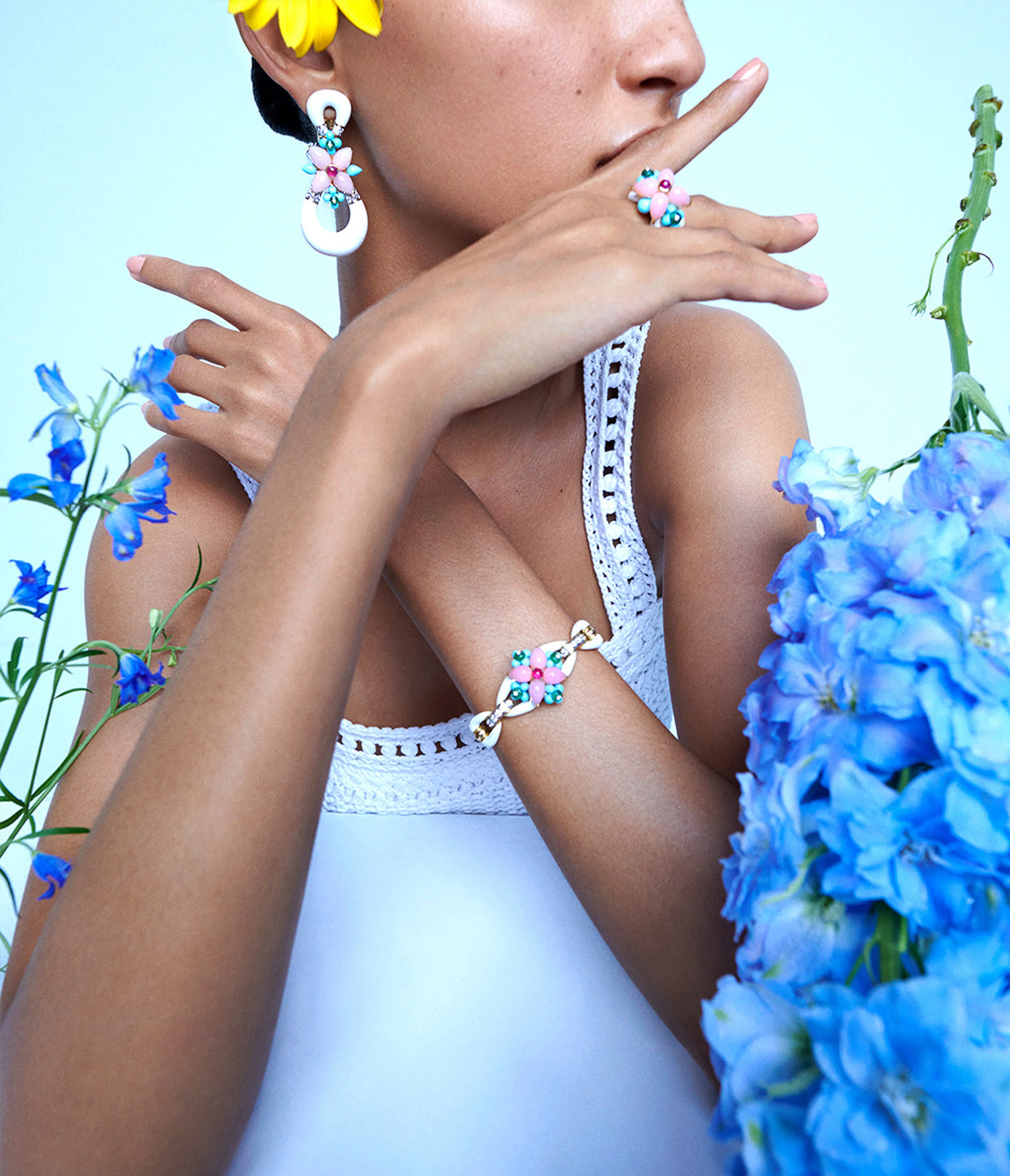 Asheville Earrings, White Enamel, Pink Opal, Diamonds - Image 3