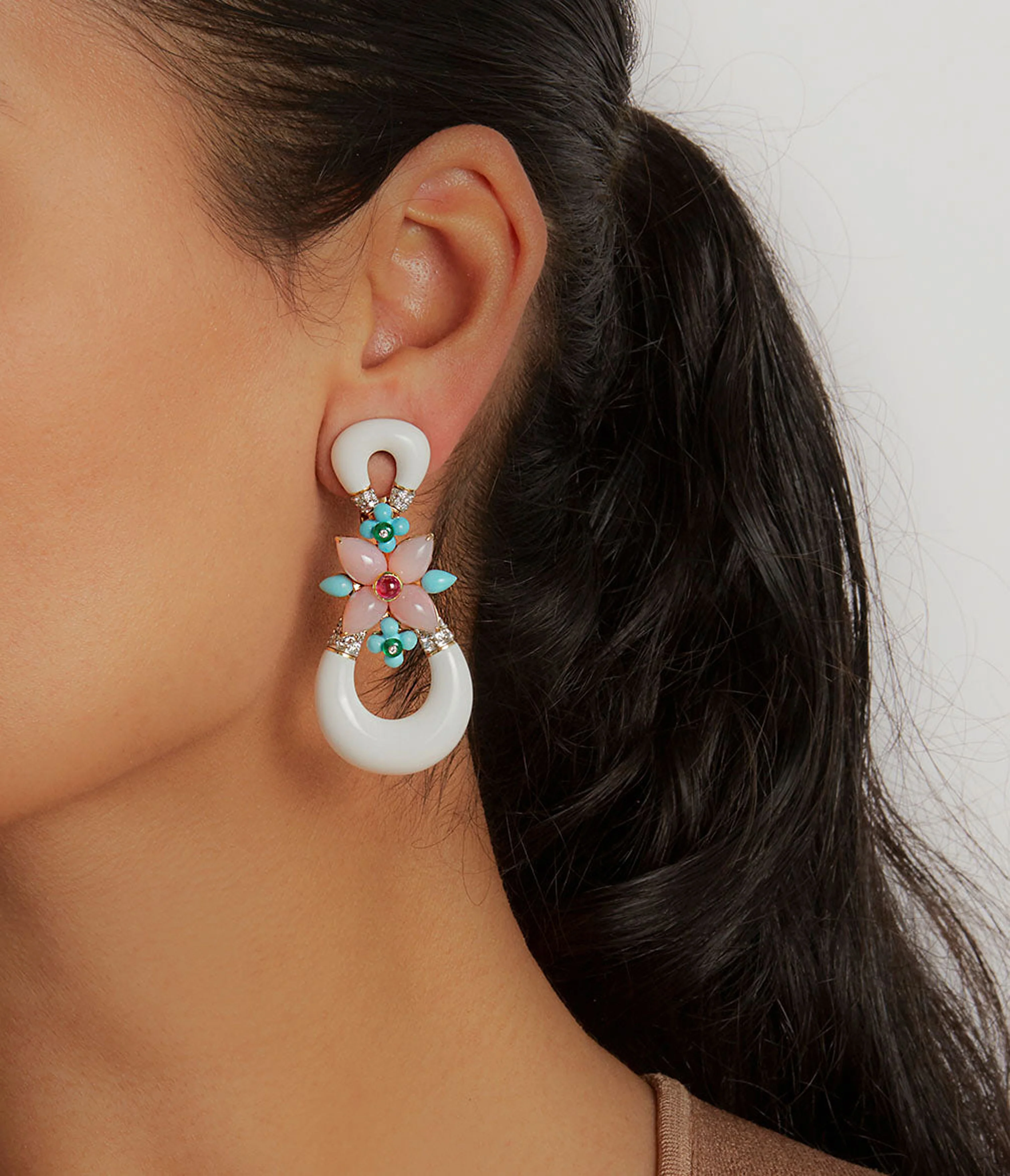 Asheville Earrings, White Enamel, Pink Opal, Diamonds - Image 5