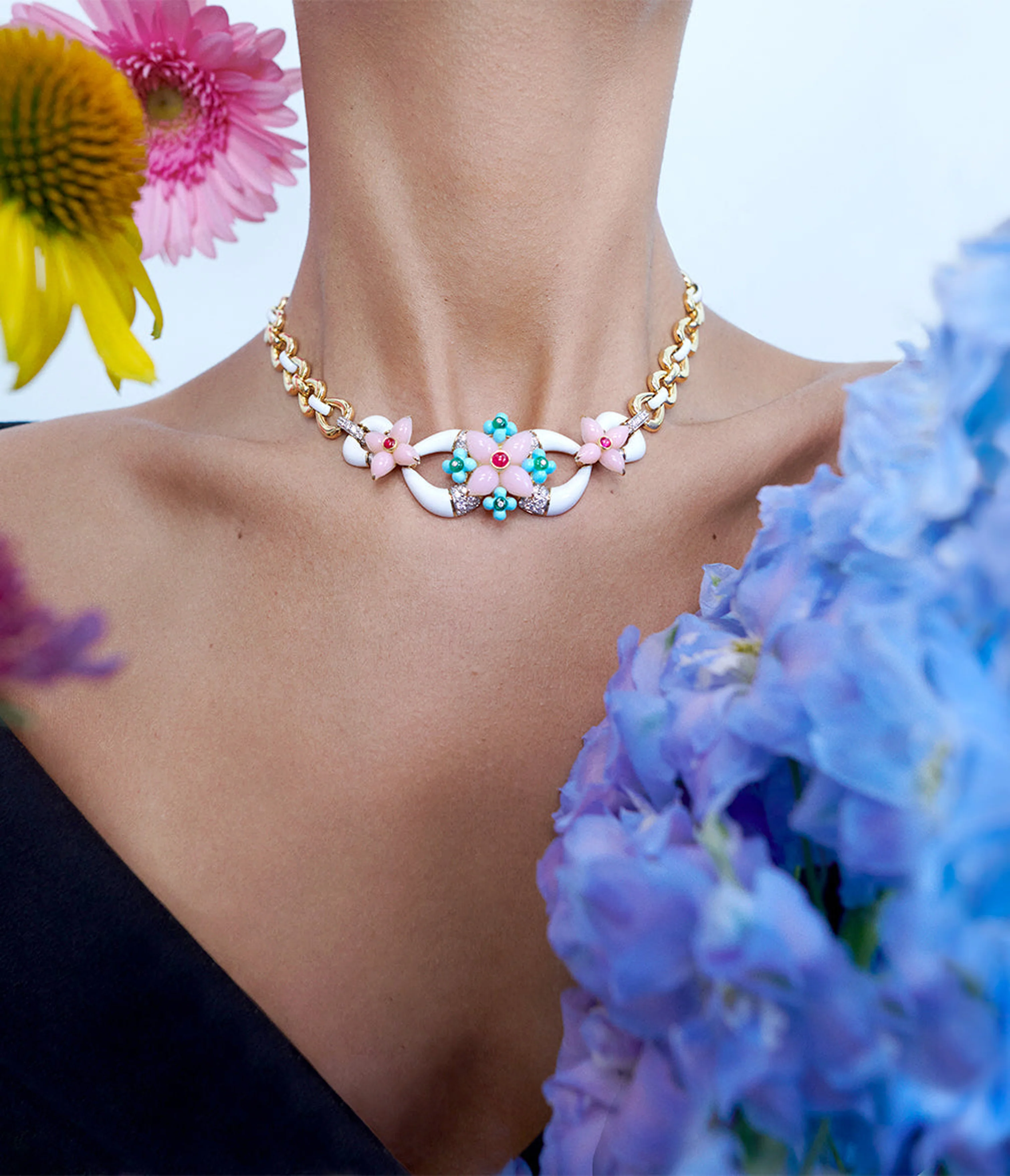 Asheville Necklace, White Enamel, Pink Opal, Diamonds - Image 3