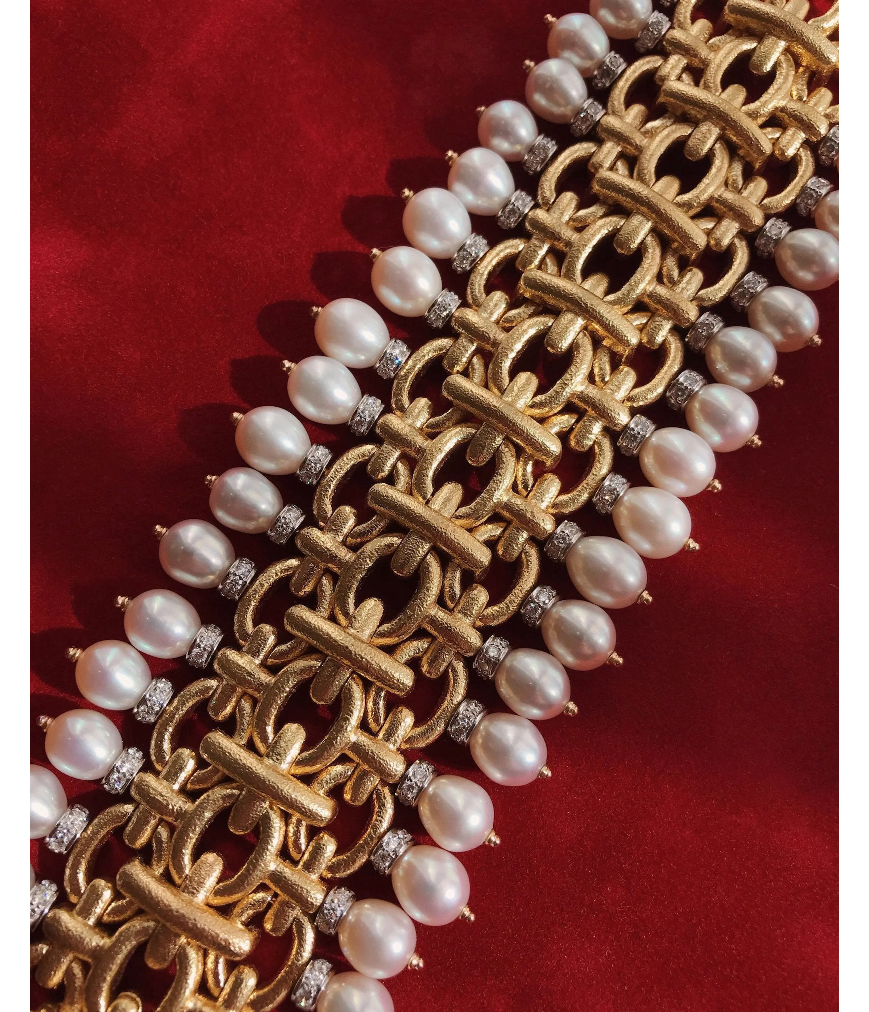 Brocade Bracelet, Hammered 18K Gold, Diamonds, Pearls - Image 3