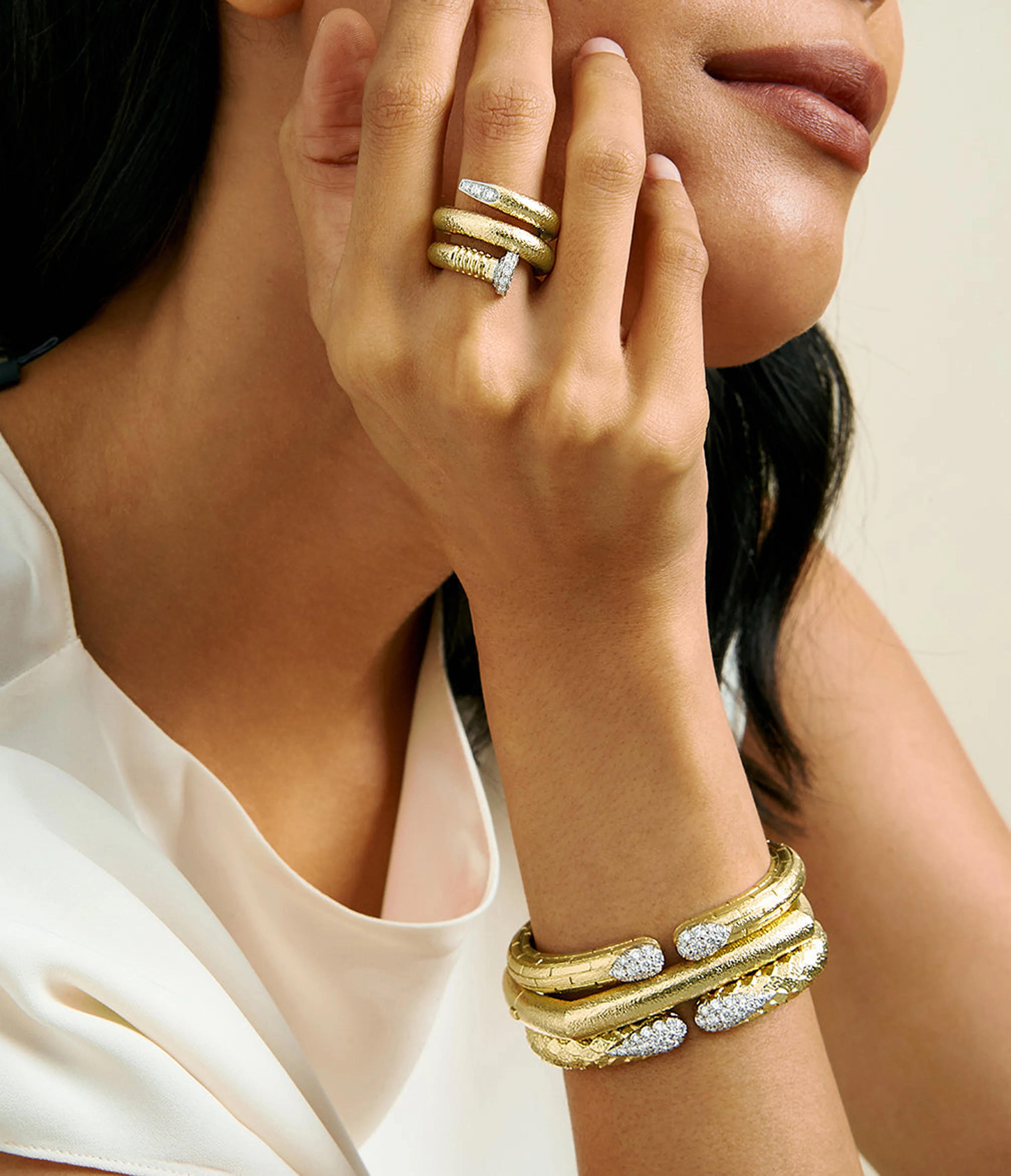 Large Diamond Nail Ring, Hammered 18K Gold - Image 3