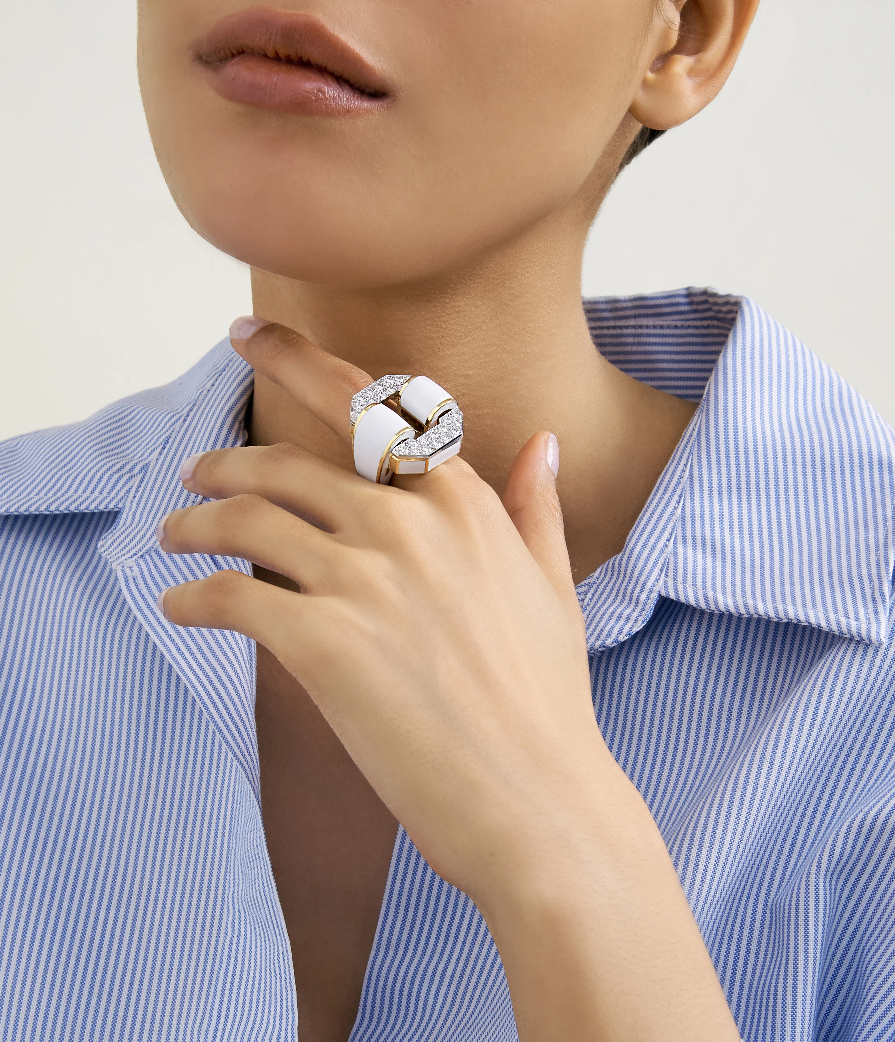 Octagonal Buckle Ring, White Enamel - Image 2