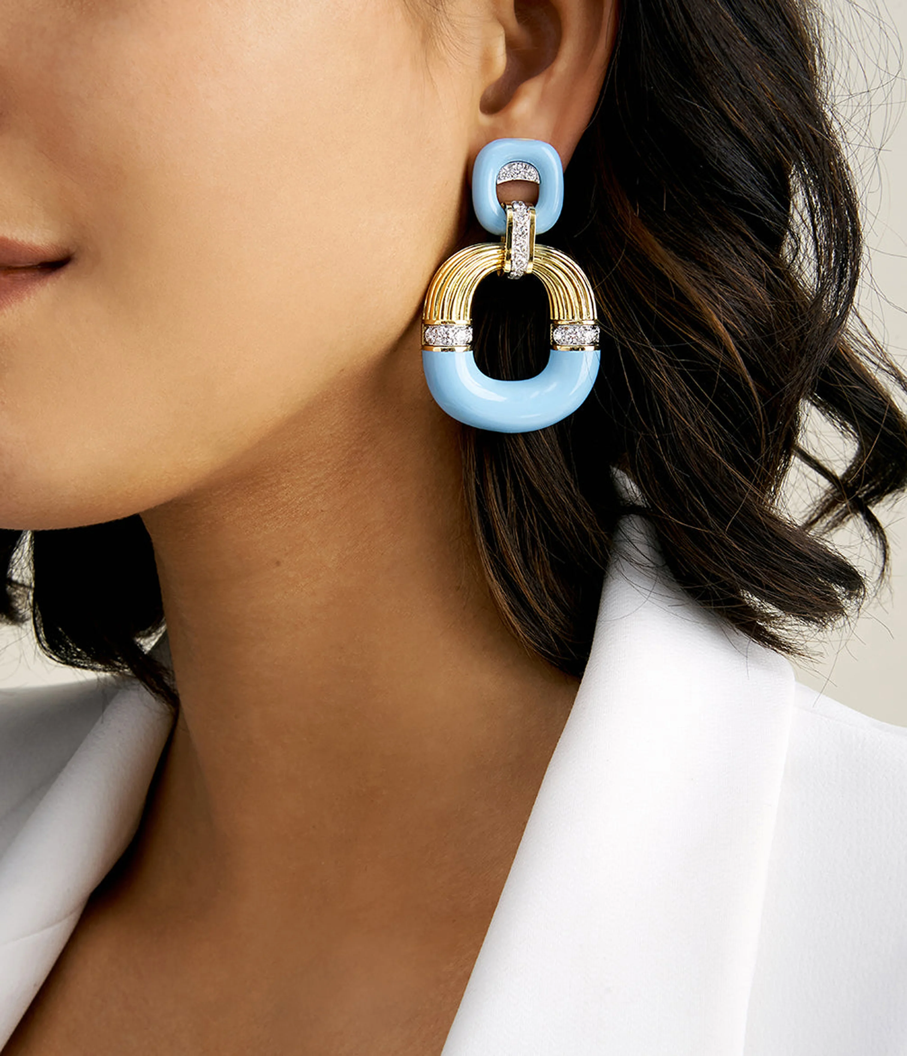 Radiator Hoop Earrings, Diamonds and Light Blue Enamel - Image 2