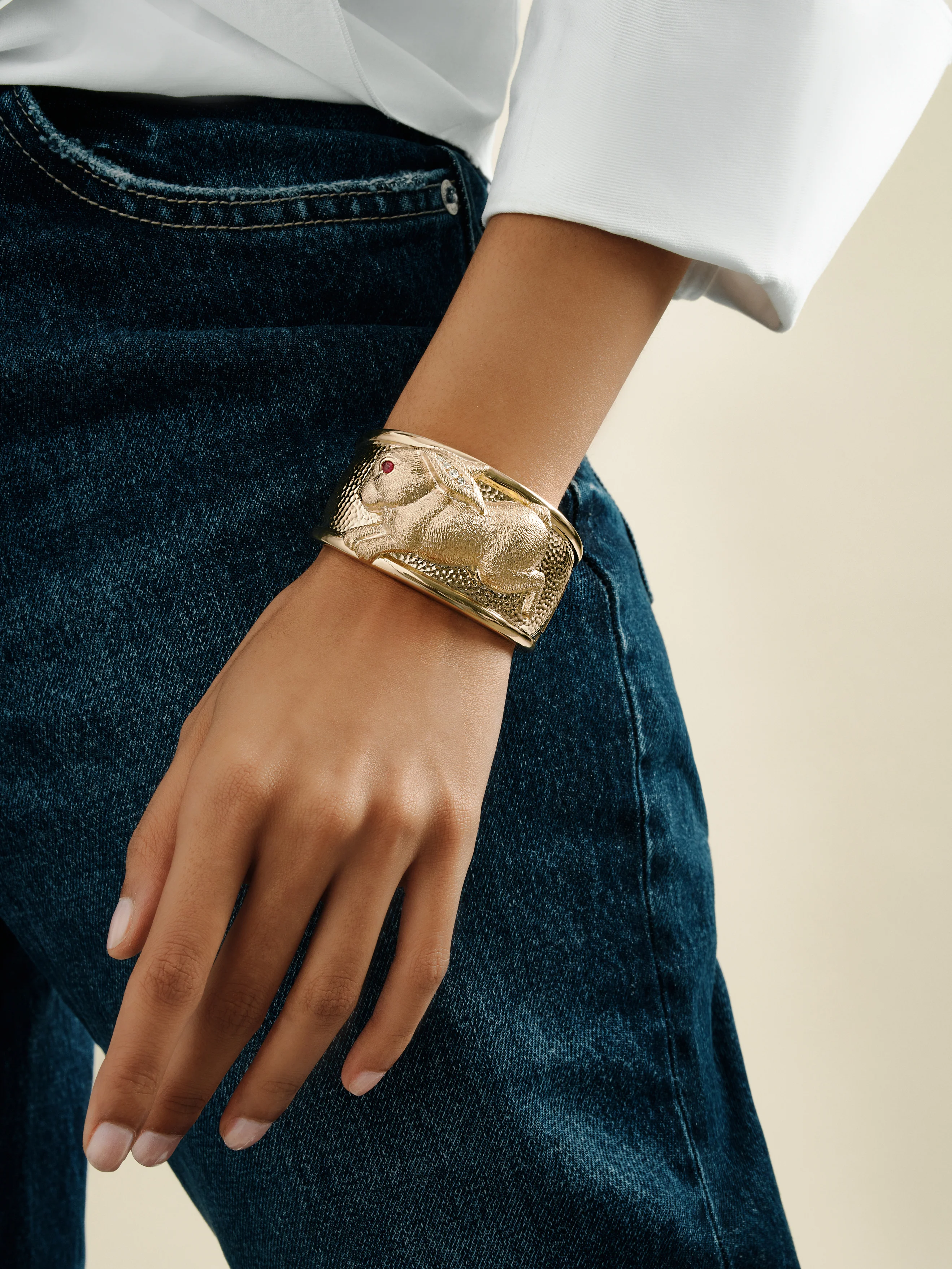 Repoussé Rabbit Cuff, Ruby, Diamonds - Image 3