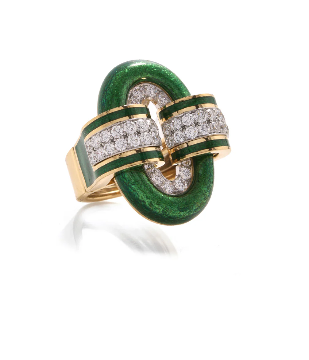 Small Oval Buckle Ring, Green Enamel