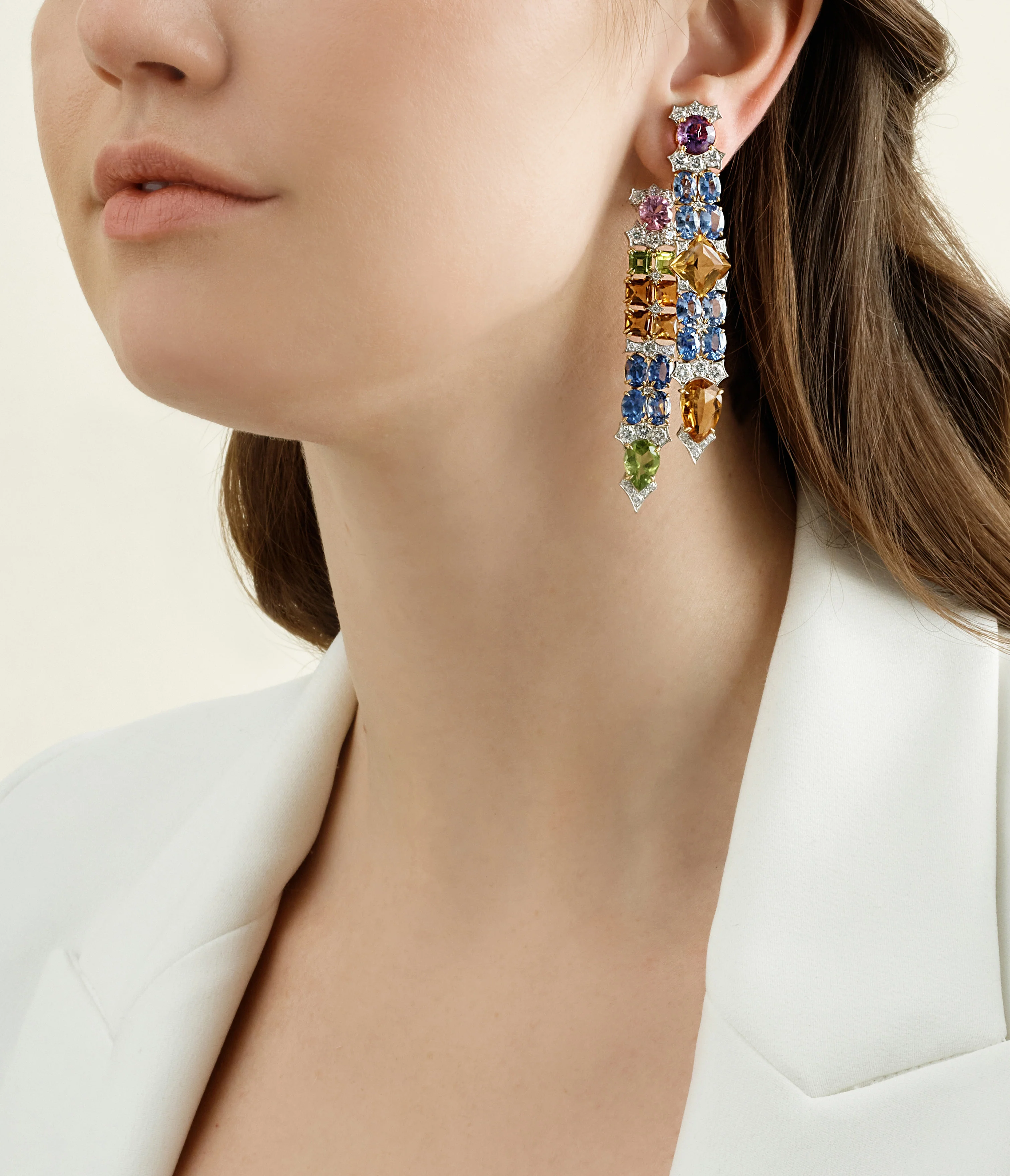 Streamer Earrings, Sapphire, Peridot, Citrine, Amethyst - Image 2