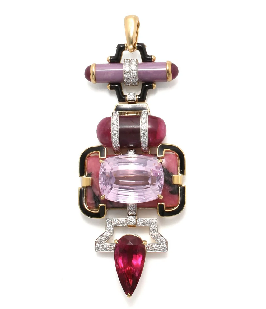 Totem Pendant, Phosphosiderite, Ruby, Kunzite