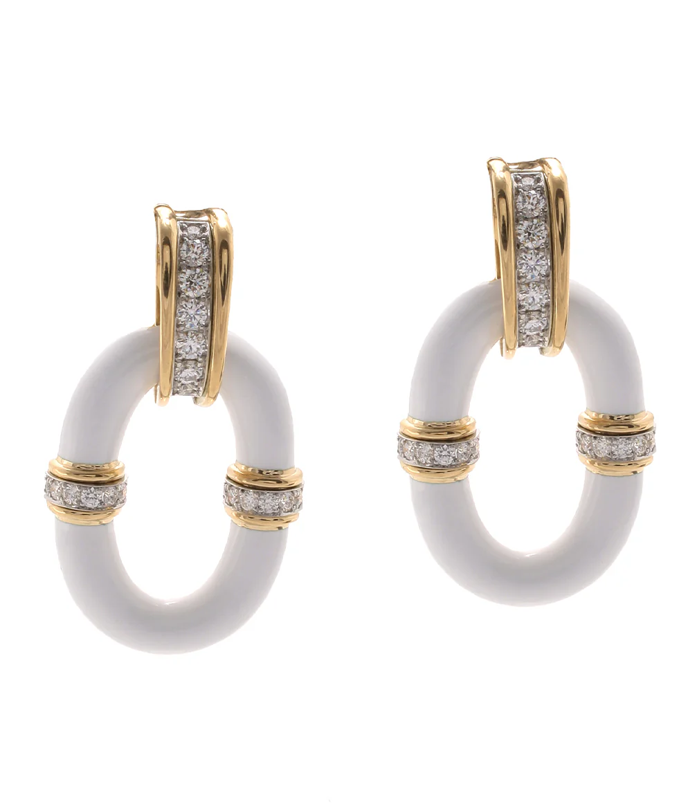 Oval Link Earrings, White Enamel